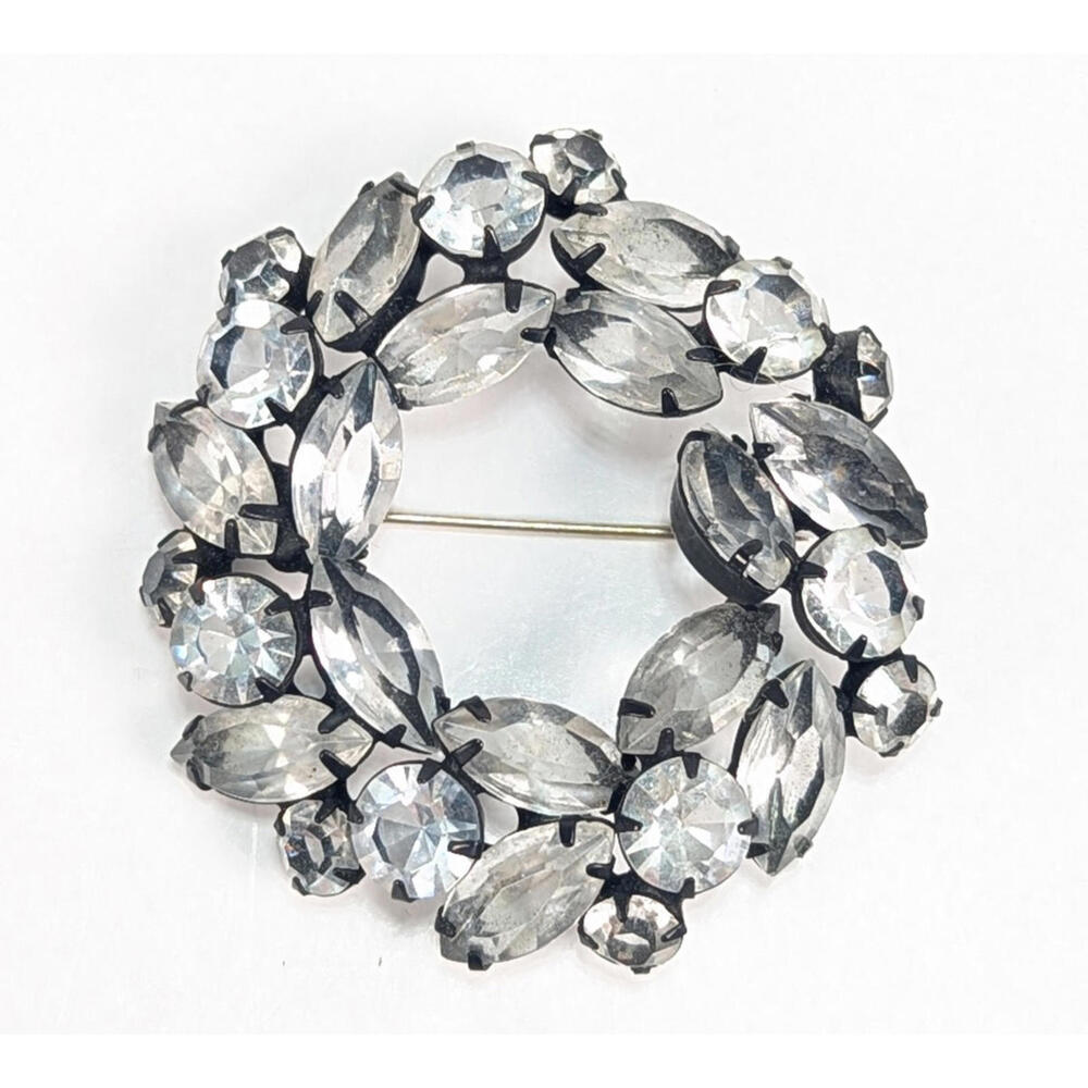 VTG Japanned Black Metal & Clear Inverted Rhinestones Brooch Chunky Statement
